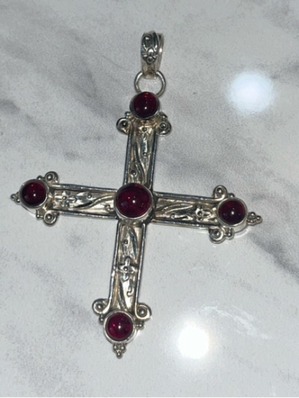 Sterling Silver Cross Pendant with Red Gemstone Accents